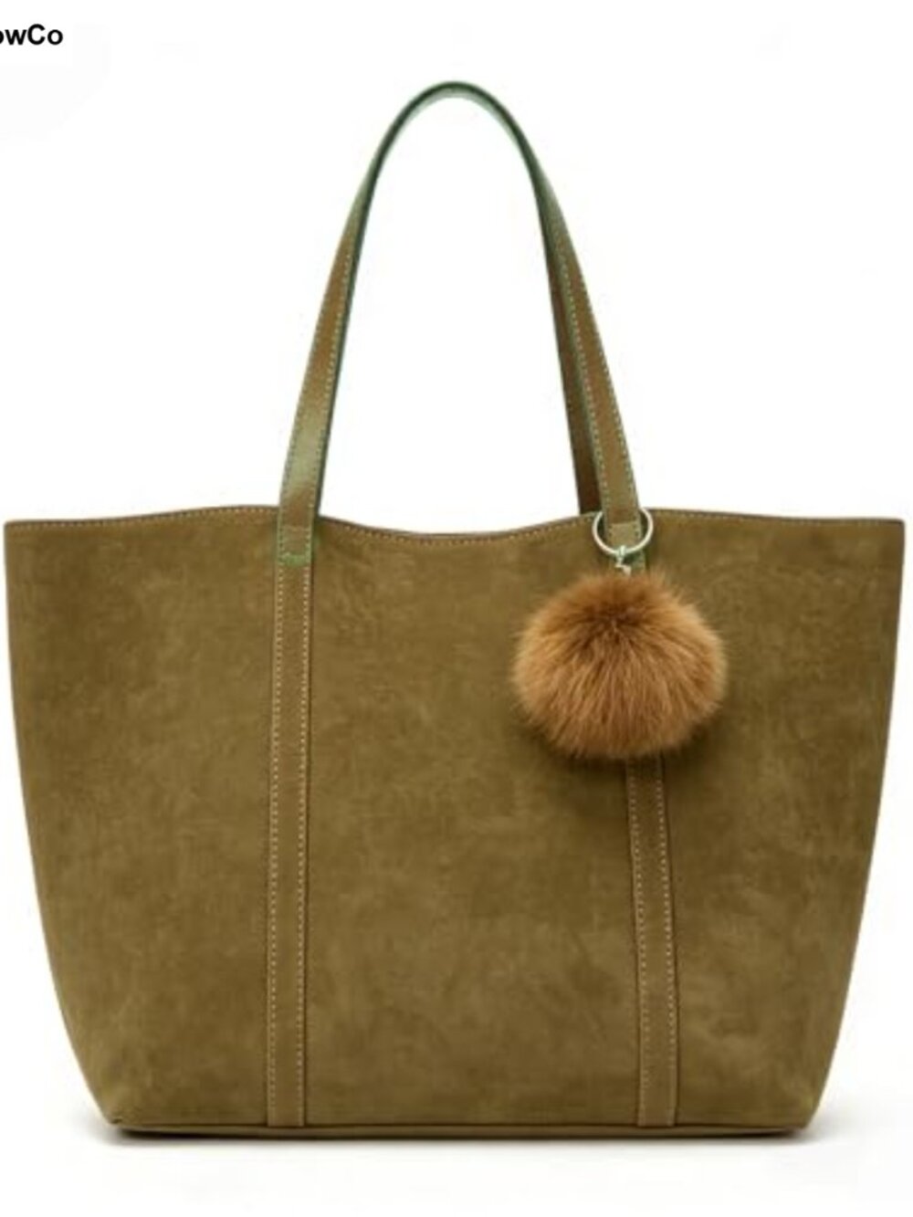 Suede Tote Bag with Faux Fur Pom Pom Accent, Shoulder Handbag